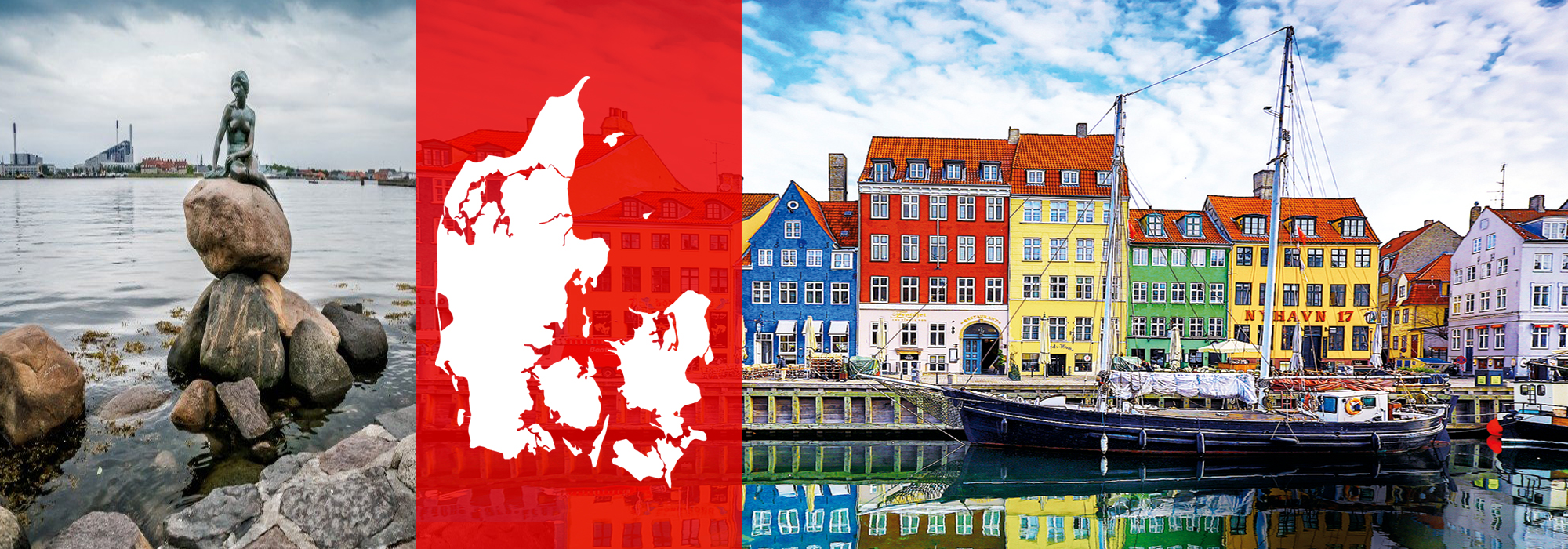 Collage of Danish sites with waterfront sculpture, map of Denmark, and colorful houses near a canal.